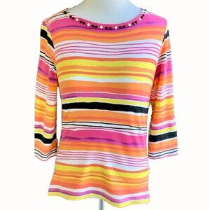 Ruby Rd Petite colorful stripe decorative neckline quarter sleeve tunic PS